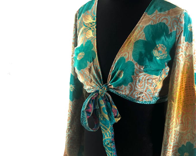 Joy Bell Sleeve Crop Top, Sari Summer Wrap, Handmade Silky, Light Hippy Style UK-2XL (SKU:573-10342)
