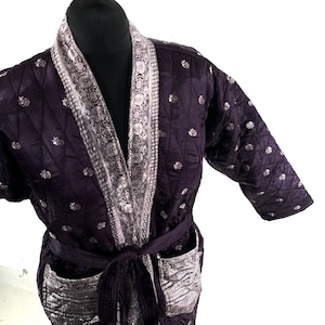 Quilted Silk Kimono Jacket XL; Vintage Brocade Robe, Generous Loose Fit, Japanese Style, Handmade.  SKU:758-7028