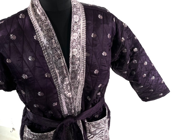 Quilted Silk Kimono Jacket XL; Vintage Brocade Robe, Generous Loose Fit, Japanese Style, Handmade.  SKU:758-7028