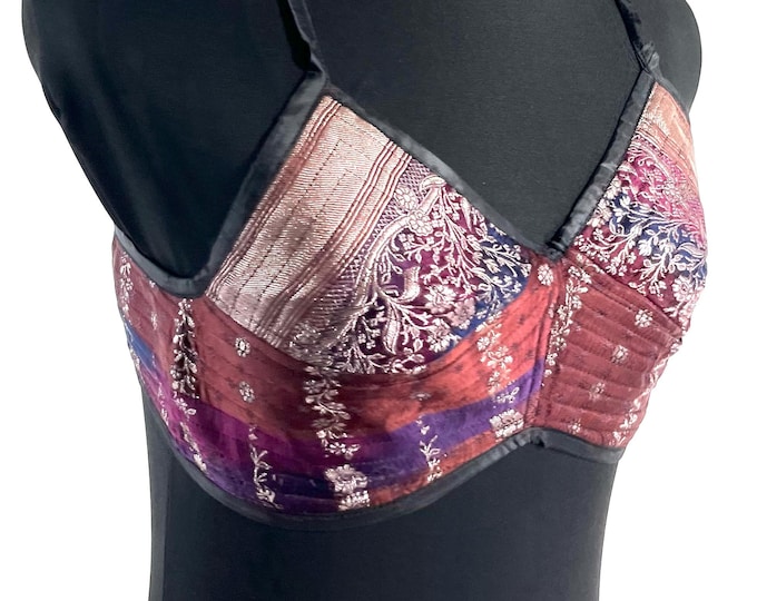 XS Gia Cross Strap Bra Top, Handmade in Vintage Silk Brocade (SKU:2160-10087)