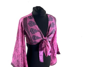 S/M Joy Bell Sleeve Crop Top, Sari Summer Wrap, Handmade Silky, Light Hippy Style (SKU:570-10306)