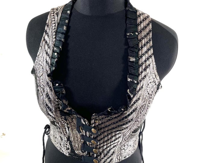 L. Mia Waistcoat; Boho Top - Silver on Black - Vintage Silk Brocade  (SKU:2143-9690)