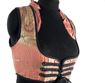 Underbust Corset Top; Ivy 2XL pink & gold steampunk vest handmade in Vintage Silk Brocade (SKU:2175-10148)
