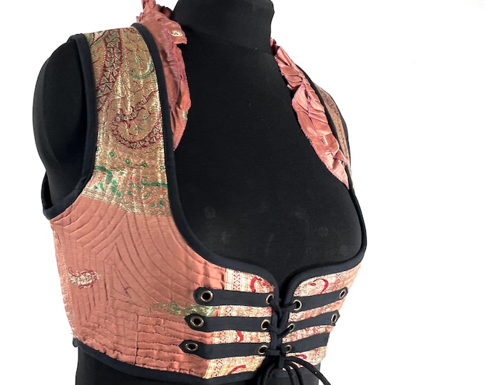 Underbust Corset Top; Ivy 2XL pink & gold steampunk vest handmade in Vintage Silk Brocade (SKU:2175-10148)