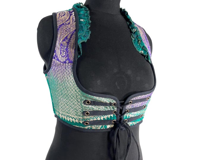 Underbust Corset Top; Ivy L Green & Silver steampunk vest handmade in Vintage Silk Brocade (SKU:2173-10123)