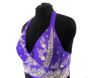 2XL Phoenix Tribal Top. New cut silk brocade halter top  Purple & silver (SKU:1026-7694)