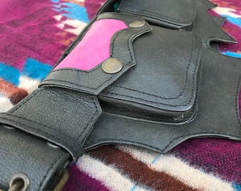 Leather Belt Bag, Black and pink. Steampunk style money belt, Pixie belt, Fanny pack