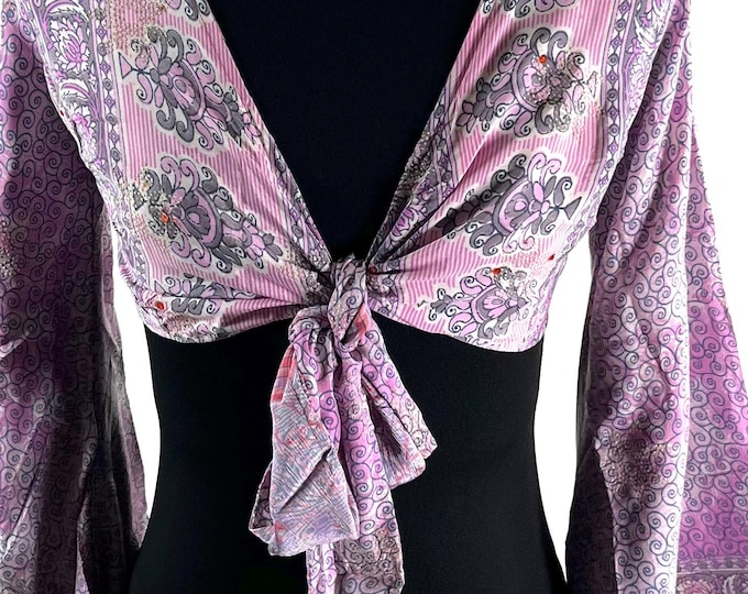 Joy Bell Sleeve Crop Top, Sari Summer Wrap, Handmade Silky, Light Hippy Style UK-S/M  (SKU:570-10319)