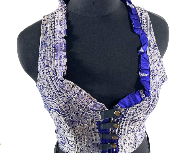 L. Mia Waistcoat; Boho Top - Blue & Silver - Vintage Silk Brocade  (SKU:2143-9684)