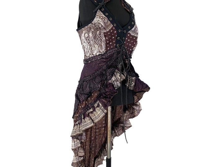 XL. Sophia Steampunk Corset Dress with Hi-Low tiered skirt in Silk brocade,