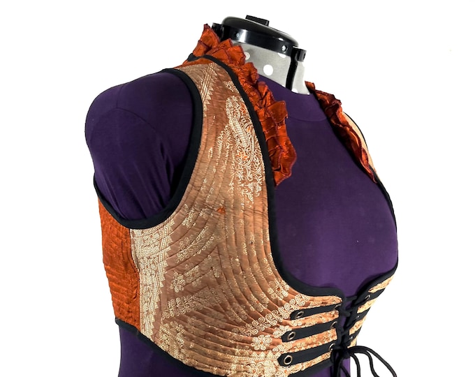 Underbust Corset Top; Ivy 5XL gold & orange steampunk vest handmade in Vintage Silk Brocade (SKU:2178-10176)