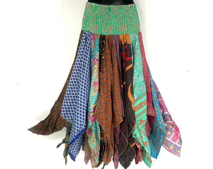 Billie Hippie Long Skirt; Patchwork Vintage Silk, Cottagecore Fairy Renfair(Harem style for comfortable fit)   SKU:747-5315