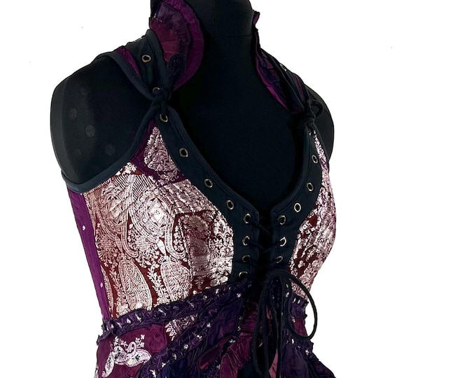 L. Sophia Corset Dress with a Hi-Low tiered skirt in Vintage Silk Brocade. Steampunk, Ren Faire, Festival  SKU:2000-8619