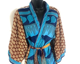 S/M. Luxury Reversible Silk Kimono Robe with deep pockets A perfect Dressing Gown, Bath Robe, Duster Jacket. SKU:725-1952