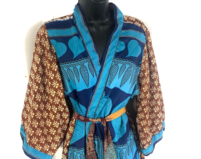 S/M. Luxury Reversible Silk Kimono Robe with deep pockets A perfect Dressing Gown, Bath Robe, Duster Jacket. SKU:725-1952