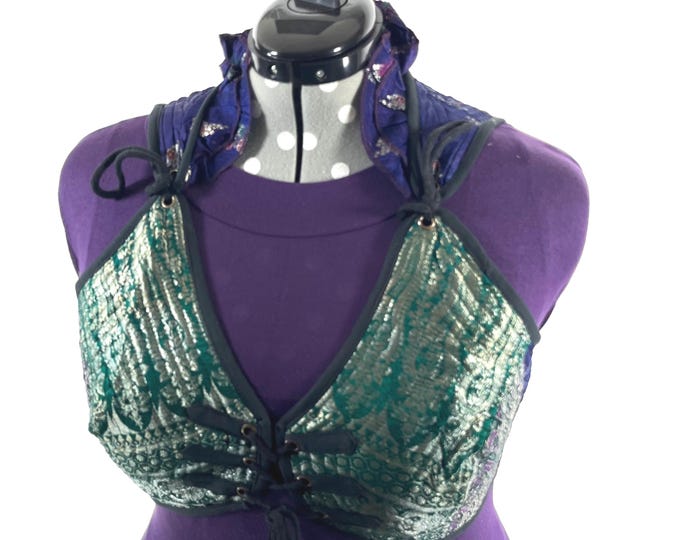 6XL. Fae Corset Top - Green Blue & Silver Bra Top - Vintage Brocade  (SKU:3039-9806)