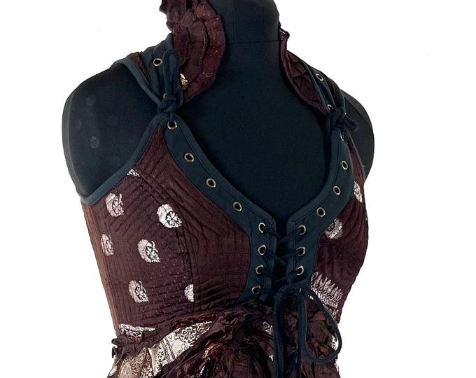 L. Sophia Corset Dress with a Hi-Low tiered skirt in Vintage Silk Brocade. Steampunk, Ren Faire, Festival  SKU:2000-8616