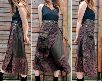 Brown Steampunk Wrap Skirt in Cotton, Edwardian Long Skirt or Victorian Walking Skirt with a detachable 3 Pocket Purse. SKU:1040-BROWN