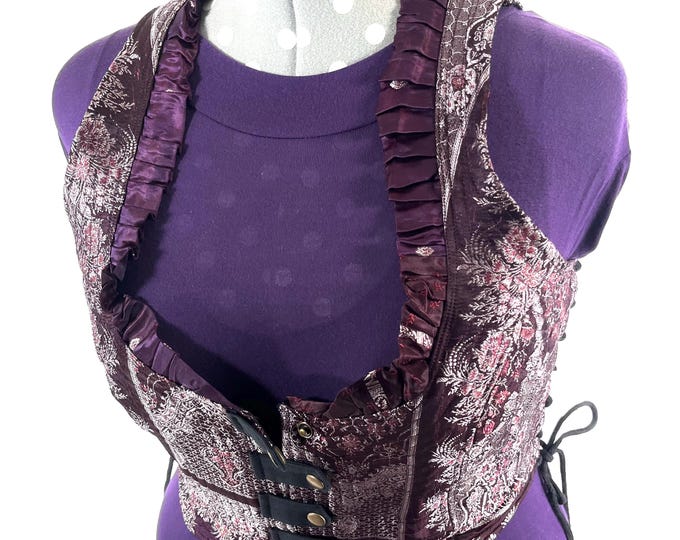 4XL. Mia Waistcoat; Boho Top - Red Wine & Silver - Vintage Silk Brocade  (SKU:2147-9735)