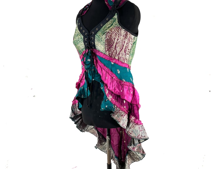 2XL. Sophia Corset Dress with Hi-Low tiered skirt handmade in Vintage Silk Brocade. Steampunk Ren Faire  SKU:2000-8766