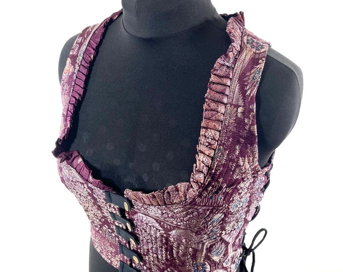 3XL. Mia Waistcoat; Boho Top - Maroon & Silver - Vintage Silk Brocade  (SKU:2146-9713)