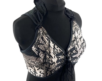 Fae 3XL Corset Top - Black & Silver Bra Top - Vintage Silk Brocade  (SKU:3036-9802)