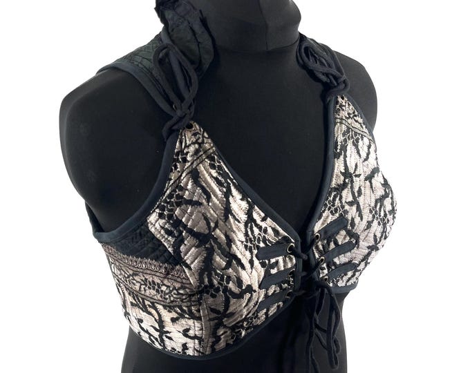 3XL. Fae Corset Top - Black & Silver Bra Top - Vintage Silk Brocade  (SKU:3036-9802)