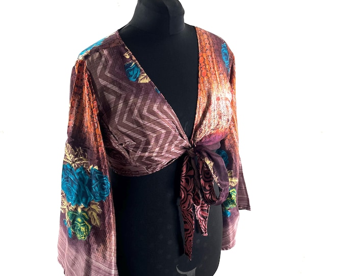 Joy Bell Sleeve Crop Top, Sari Summer Wrap, Handmade Silky, Light Hippy Style UK-2XL (SKU:573-10351)