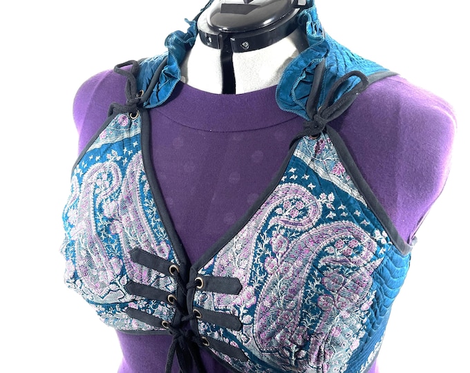 7XL Fae Corset Top - Bluegreen & Silver Bra Top - Vintage Silk Brocade  (SKU:3039B-9836)