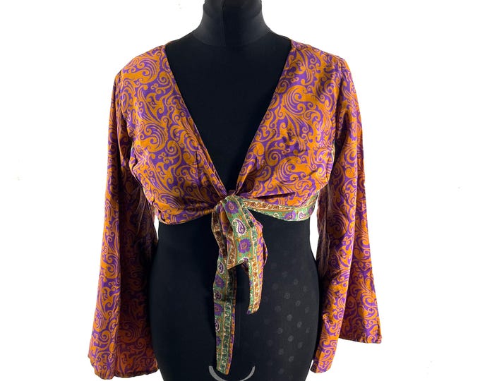 Joy Bell Sleeve Crop Top, Sari Summer Wrap, Handmade Silky, Light Hippy Style UK-2XL (SKU:573-10349)