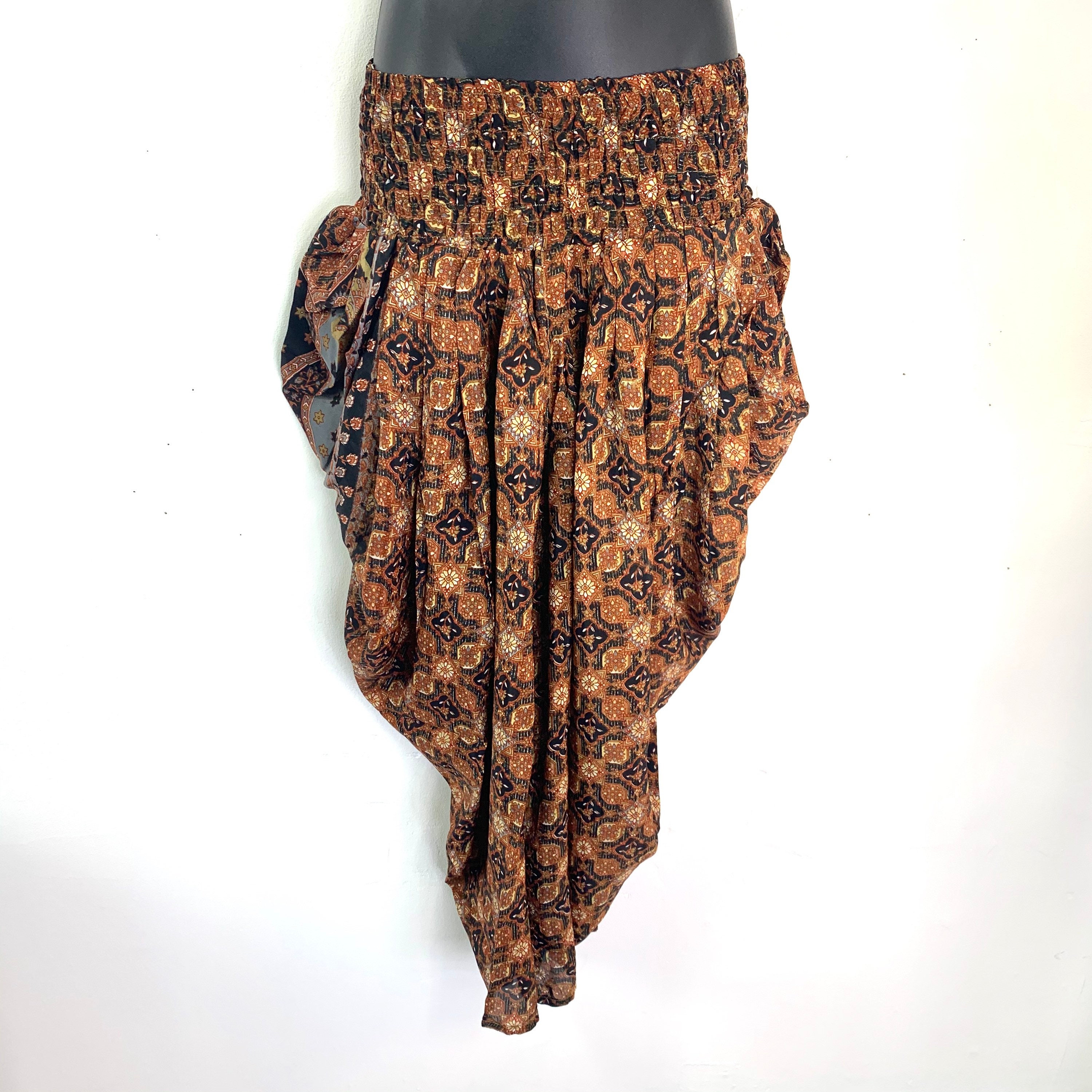 Image of Waterfall Harem Eco Trousers, Silk, Adult O/S], Copper & Black, Casual Pants, Elasticated, Loose, Comfortable