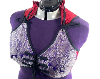 7XL Fae Corset Top - Purple Red & Silver Bra Top - Vintage Silk Brocade  (SKU:3039B-9830)