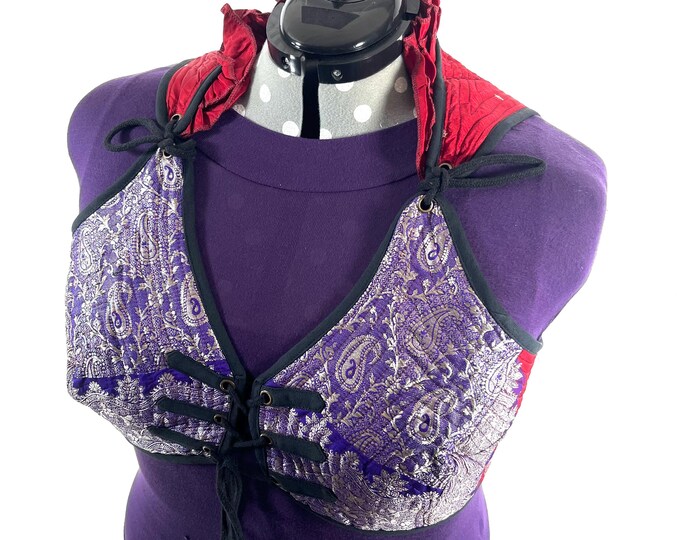 7XL Fae Corset Top - Purple Red & Silver Bra Top - Vintage Silk Brocade  (SKU:3039B-9830)