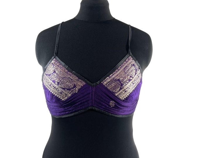 L Gia Cross Strap Bra Top, Handmade in Vintage Silk Brocade (SKU:2163-10033)