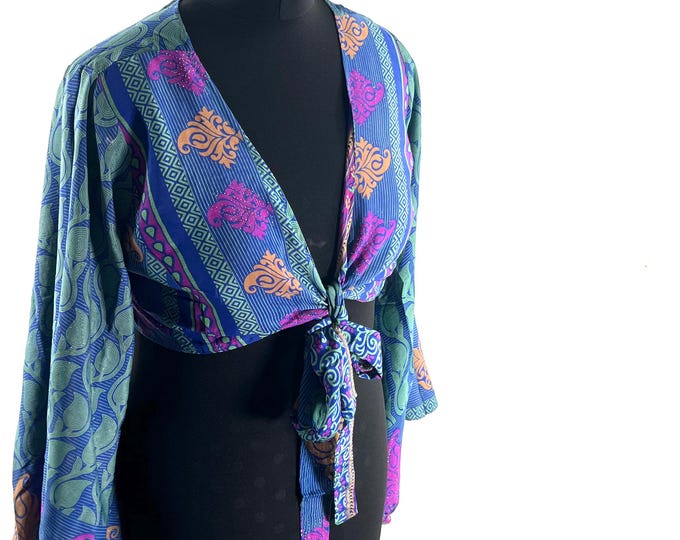 Joy Bell Sleeve Crop Top, Sari Summer Wrap, Handmade Silky, Light Hippy Style UK-L/XL (SKU:572-10327)