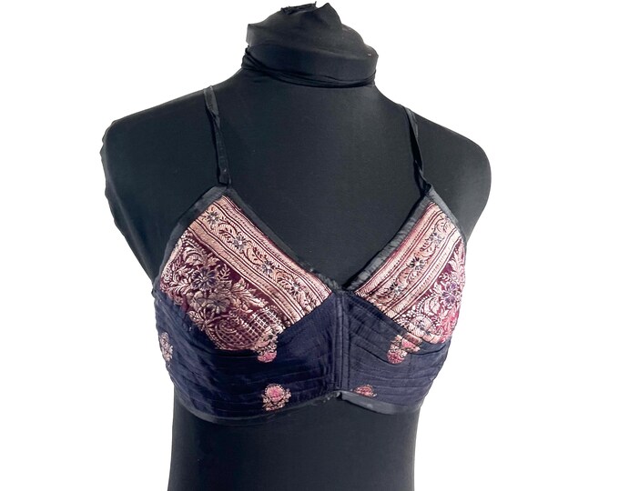 XS Gia Cross Strap Bra Top, Handmade in Vintage Silk Brocade (SKU:2160-10086)