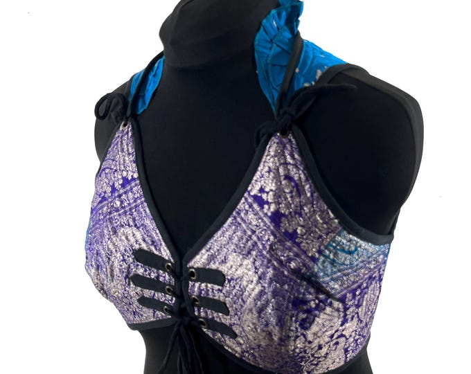 3XL. Fae Corset Top - Purple & Silver Bra Top - Vintage Silk Brocade  (SKU:3036-9794)