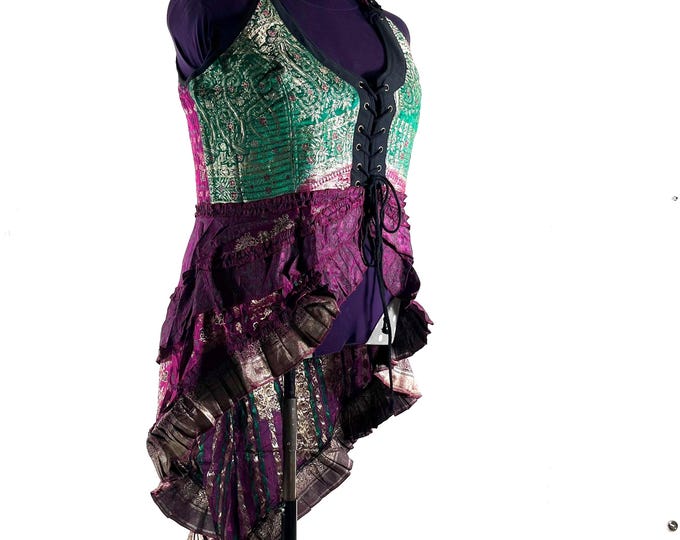 Varuna Corset Dress. Long Body, Hi-Low tiered skirt, Silk brocade. Handmade Renaissance Festival UK-6XL SKU:2002-10206