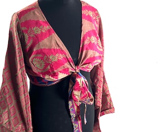 L/XL Joy Bell Sleeve Crop Top, Sari Summer Wrap, Handmade Silky, Light Hippy Style (SKU:572-10334)