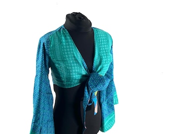 S/M Joy Bell Sleeve Crop Top, Sari Summer Wrap, Handmade Silky, Light Hippy Style (SKU:570-10305)