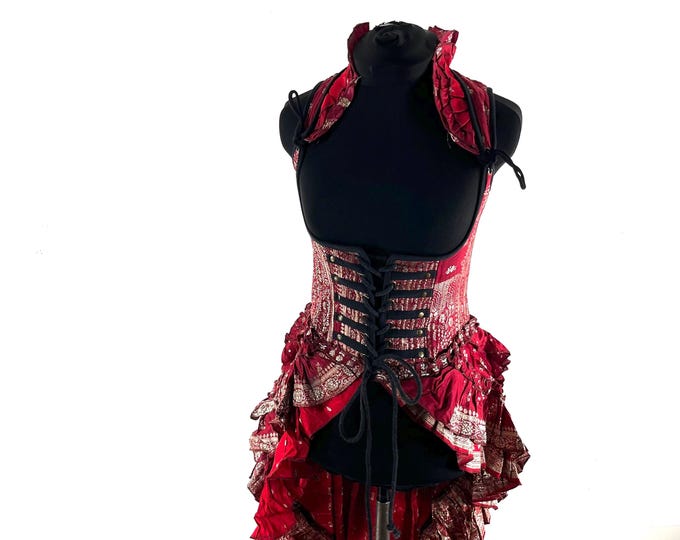 S Elisa Bustier Dress; Steampunk Under-bust Long Body Corset in Silk Brocade, (SKU:2004-10256)