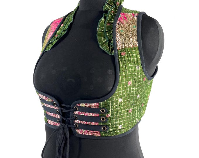 Underbust Corset Top; Ivy 3XL green & pink steampunk vest handmade in Vintage Silk Brocade (SKU:2176-10153)