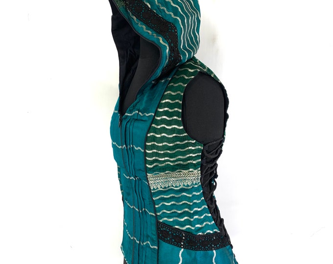 S/M. Pixie Hooded Jacket, Silk brocade. Pagan, Celtic, Gothic, Elven, Festival, LARP, R.E.N., Cosplay SKU:1050-5172