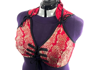 7XL Fae Corset Top - Red & Silver Bra Top - Vintage Silk Brocade  (SKU:3039B-9832)