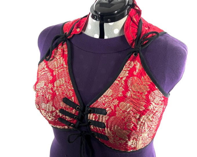 7XL Fae Corset Top - Red & Silver Bra Top - Vintage Silk Brocade  (SKU:3039B-9832)