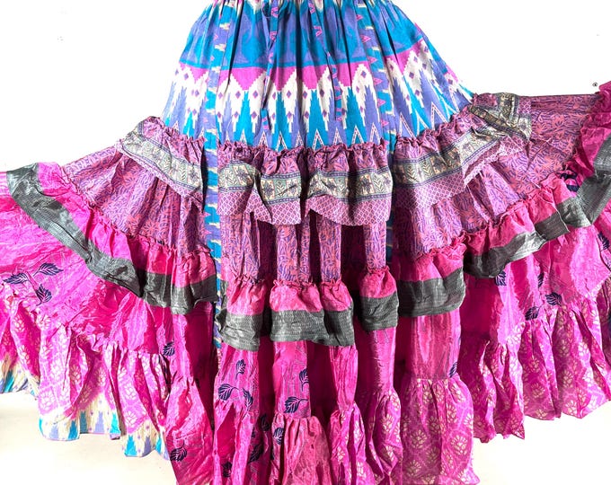 Jazmyn 25 Yard Skirt handmade in Vintage Summer Silk, Maxi One Size; (28"-42" Waist) Peasant Bellydance Flamenco SKU:738-8956