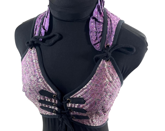S. Fae Corset Top - Purple & Silver Bra Top - Vintage Silk Brocade  (SKU:3031-9751)