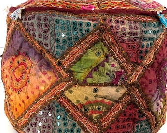 Embroidered Pouffe Cover, Large Size; Handmade traditional Indian vintage fabric.