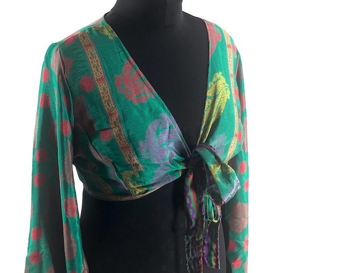 Joy Bell Sleeve Crop Top, Sari Summer Wrap, Handmade Silky, Light Hippy Style UK-2XL (SKU:573-10346)