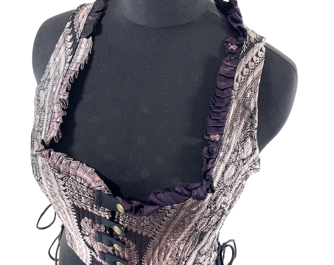 2XL. Mia Waistcoat; Boho Top - Purple & Silver - Vintage Silk Brocade  (SKU:2145-9701)